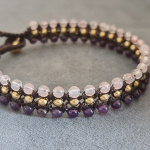 Triple Amethyst Rose Quartz Brass Bracelet BA05 image 1