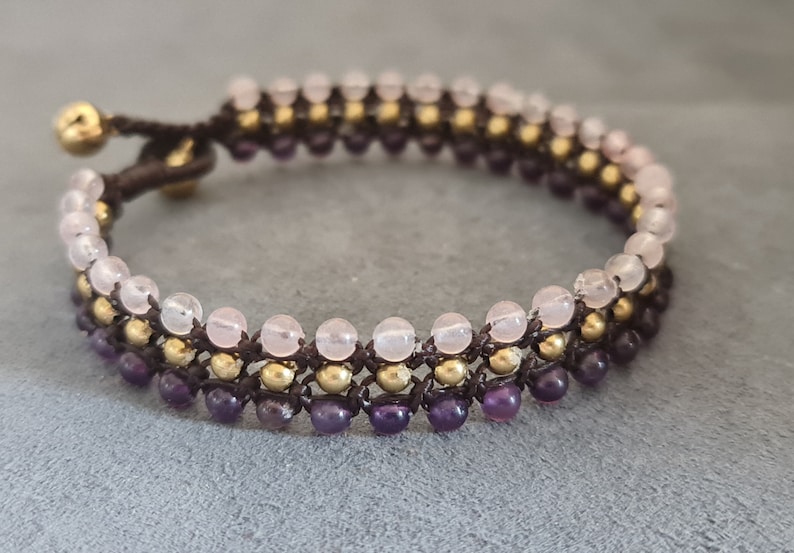 Triple Amethyst Rose Quartz Brass Bracelet BA05 image 1