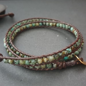 Hippie Wrap Faceted African Turquoise Brown Leather Wrap Bransoletka/Bransoletka na kostkę,Skórzana owijka, Bransoletka unisex, Bransoletka męska, Bransoletka damska