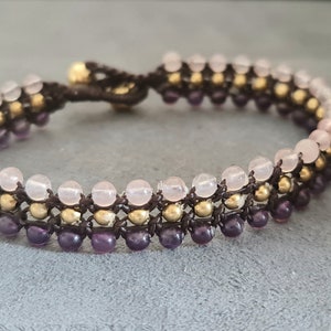 Triple Amethyst Rose Quartz Brass Bracelet BA05 image 5