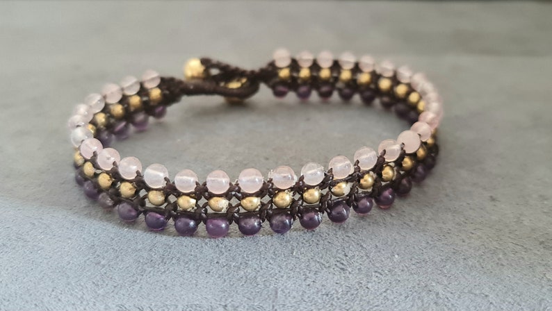 Triple Amethyst Rose Quartz Brass Bracelet BA05 image 5