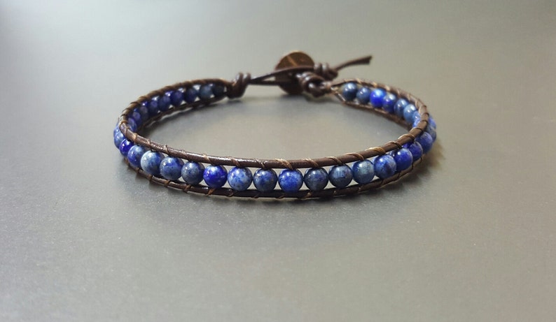 Lapis Lazuli Brown Leather Wrap Bracelet Anklet, Leather Bracelet, Beaded Bracelet, Women Anklet , Unisex Bracelet,Men Bracelet LBR06 image 2