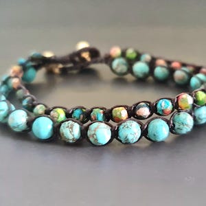 Beaded Bracelet Unisex 2 Stand Turquoise Imperial Jasper  Woven Jewelry, Women Bracelet, Wrap bracelet, Stone Bracelet