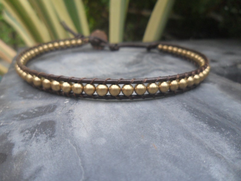 4 mm Ball Brass Leather Wrap Bracelet Anklet, Leather Bracelet, Beaded Bracelet, Women Anklet , Unisex Bracelet,Men Bracelet image 1