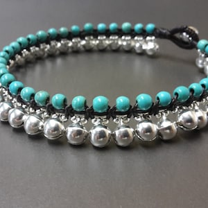 Jingling Silver Stone Anklet Bracelet, Turquoise Bracelet, Bell Bracelet **The photo showing is 6mm bells **