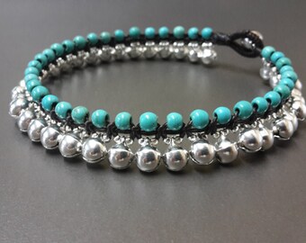 Jingling Silver Stone Anklet Bracelet, Turquoise Bracelet, Bell Bracelet **The photo showing is 6mm bells **
