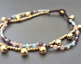 Jingle Bracelets Moonstone Rose Quartz Amethyst  Anklet Bracelet, Stone  Bracelet, Bell Bracelet