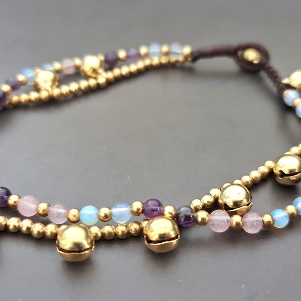 Bracelets Moonstone Rose Quartz Amethyst  Anklet Bracelet, Stone  Bracelet, Bell Bracelet, Moving Bracelets, Beaded Bracelets, Anklet