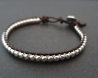 Unisex Silver Cube Leather Bracelet Anklet, Beads Bracelet,Men Bracelet, Beaded Bracelet, Unisex Bracelet,