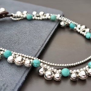 Blue Turquoise Stone Belly Dance Jingling  Silver Anklet,Beaded Anklet, Beads Bracelet, Metal Beads,Women Anklet