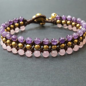 Triple Amethyst Rose Quartz Brass Bracelet BA05 image 3