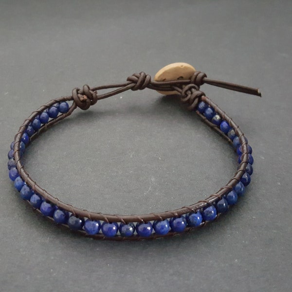 Lapis Lazuli  Brown Leather Wrap Bracelet Anklet, Leather Bracelet, Beaded Bracelet, Women Anklet , Unisex Bracelet,Men Bracelet (LBR06)