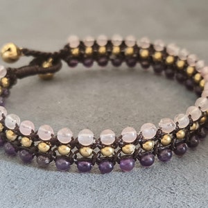 Triple Amethyst Rose Quartz Brass Bracelet BA05 image 6