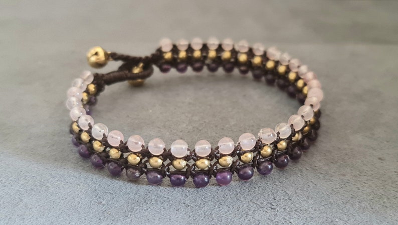 Triple Amethyst Rose Quartz Brass Bracelet BA05 image 6