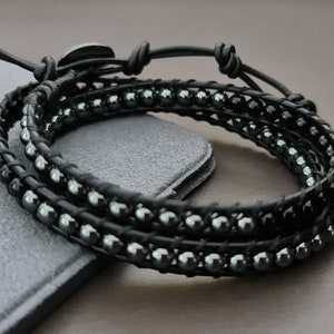 Jet Black Hematite Onyx Black Leather Wrap Bracelet/Anklet,Leather Wrap, Unisex Bracelet, Men Bracelet, Women Bracelet image 2
