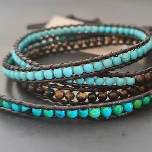 Wrap Turquoise Tiger Eye  Chrycosolla Brown   Leather Wrap Bracelet/Anklet,Leather Wrap, Unisex Bracelet, Men Bracelet, Women Bracelet