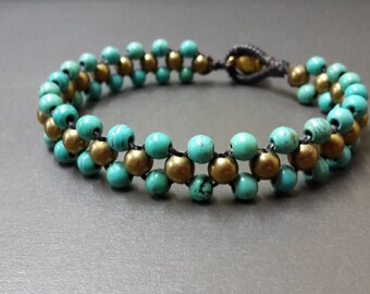 Weave Turquoise Brass Stone Beaded Women Men Anklet Bracelet, Stone Bracelets, Women Bracelets