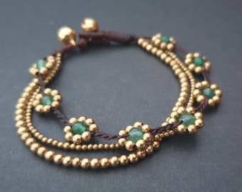 Daisy Stone Beads Brass Flower Chain Anklet Bracelet, Beaded Bracelets, Flower Anklet, Women Anklet, Jade Bracelet, Metal Beads
