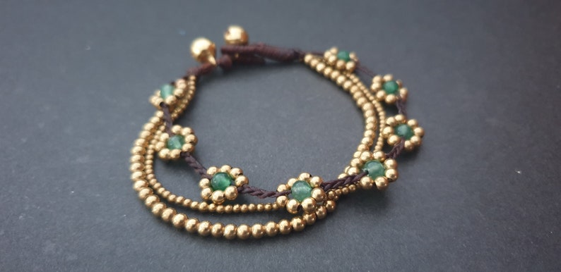 Daisy Stone Beads Brass Flower Chain Anklet Bracelet, Beaded Bracelets, Flower Anklet, Women Anklet, Jade Bracelet, Metal Beads image 1