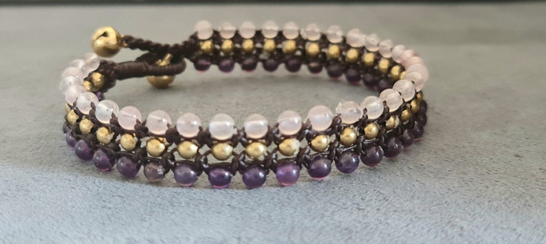 Triple Amethyst Rose Quartz Brass Bracelet BA05 image 7