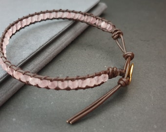 Pink Rose Quartz  Leather Wrap Bracelet Anklet, Leather Bracelet, Beaded Bracelet, Women Anklet , Unisex Bracelet,Men Bracelet(LBR03)