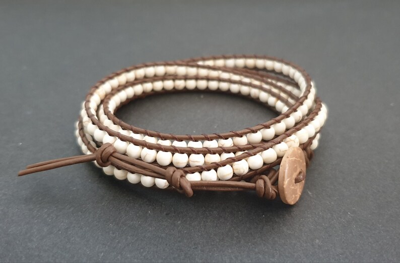 Bone Howlite Coffee Brown Leather Wrap Bracelet/Anklet,Leather Wrap, Unisex Bracelet, Men Bracelet, Women Bracelet image 1