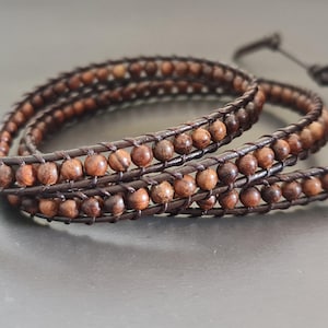 Wood Beads  Leather  Wrap  Unisex Jewelry Bracelet/Necklace, Leather Wrap, Beaded Bracelet, Unisex Bracelet