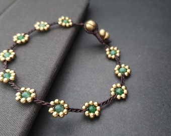 Daisy Stone Beads Brass Flower Anklet Bracelet, Beaded Bracelets, Flower Anklet, Women Anklet, Jade Bracelet, Metal Beads (BAF01)