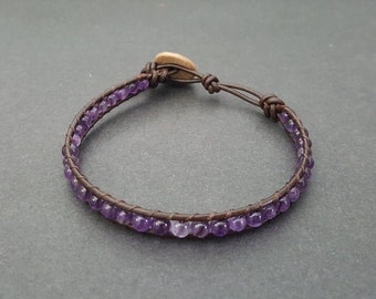 Amethyst Brown Leather Wrap Bracelet Anklet, Leather Bracelet, Beaded Bracelet, Women Anklet , Unisex Bracelet,Men Bracelet (LBR12)