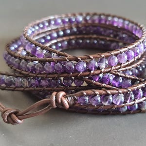 Amethyst  Brown  Leather Wrap Bracelet/Anklet,Leather Wrap, Unisex Bracelet, Men Bracelet, Women Bracelet