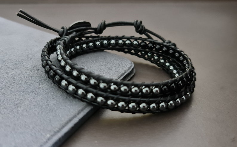 Jet Black Hematite Onyx Black Leather Wrap Bracelet/Anklet,Leather Wrap, Unisex Bracelet, Men Bracelet, Women Bracelet image 1