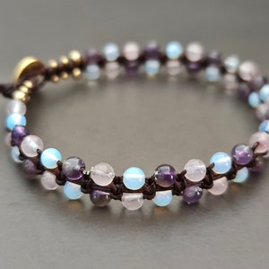 Basic Woven Rose Quartz Moonstone Amethyst Brass Jewelry Bracelet Anklet ,Beaded Bracelet, Wrap Bracelet image 6