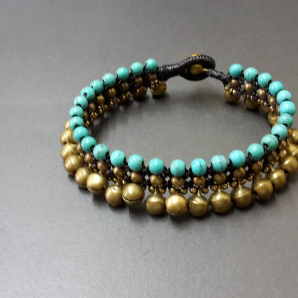 Triple  Jingling Turquoise Bracelet Anklet, Women Bracelet, Brass Bell,Gift Bracelet