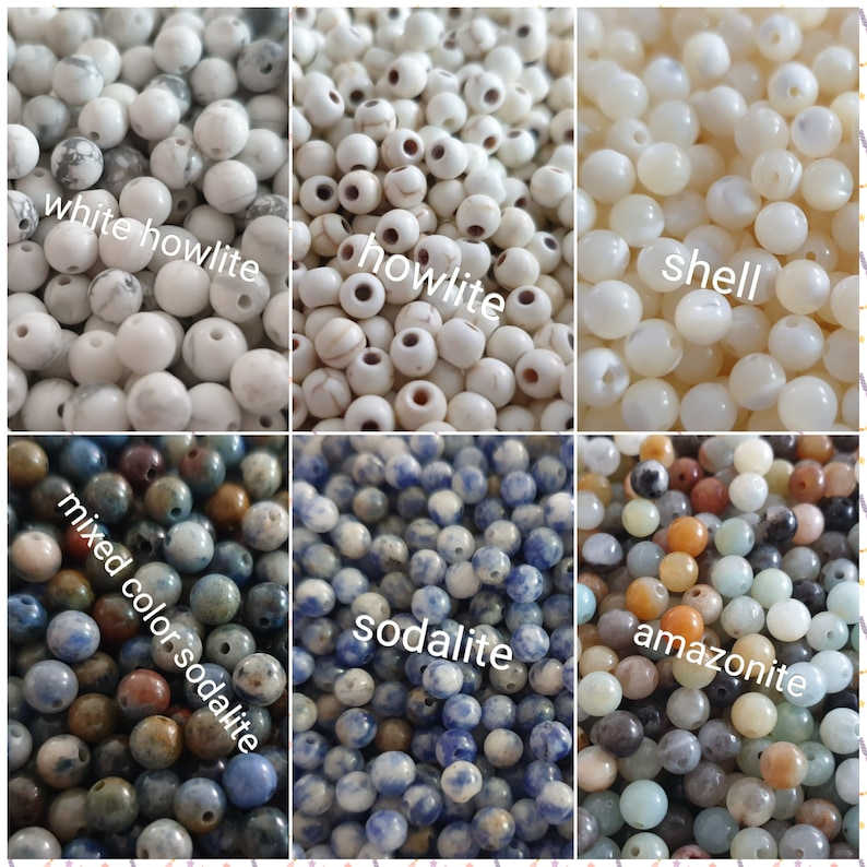 May include: Assortment of round gemstone beads in various colors, including white howlite, shell, mixed color sodalite, sodalite, and amazonite.