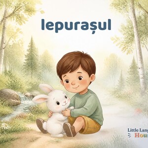 Pode incluir: Uma ilustração em estilo aguarela de uma criança de cabelo castanho, camisa verde e calções bege, sentada a abraçar um pequeno coelho branco. O texto "lepurașul" aparece no topo e "Little Language House" no canto inferior direito.