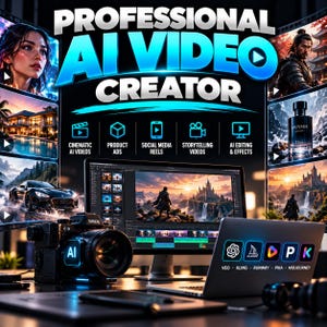 May include: A digital graphic titled PROFESSIONAL AI VIDEO CREATOR featuring a computer monitor displaying video editing software, a camera with an AI label, and a laptop showing logos for VEO, KLING, RUNWAY, PIKA, and MIDJOURNEY.