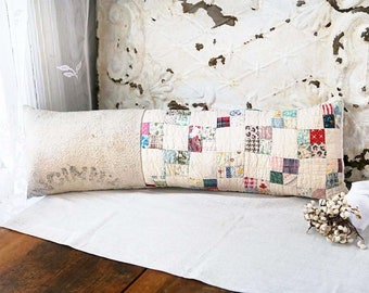 Vintage Quilted Pillow, Grain sack Pillow, Quilted Bolster Pillow, Quilted Lumbar Pillow, Cottage Throw Pillow, Summer Throw Pillow