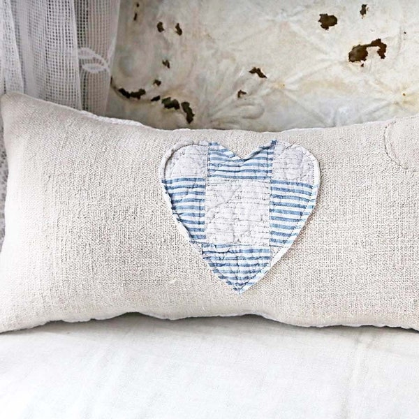 Vintage Grain Sack Pillow, Blue Quilted Heart, Blue Heart, Grain Sack Lumbar Pillow, Spring Bolster Pillow