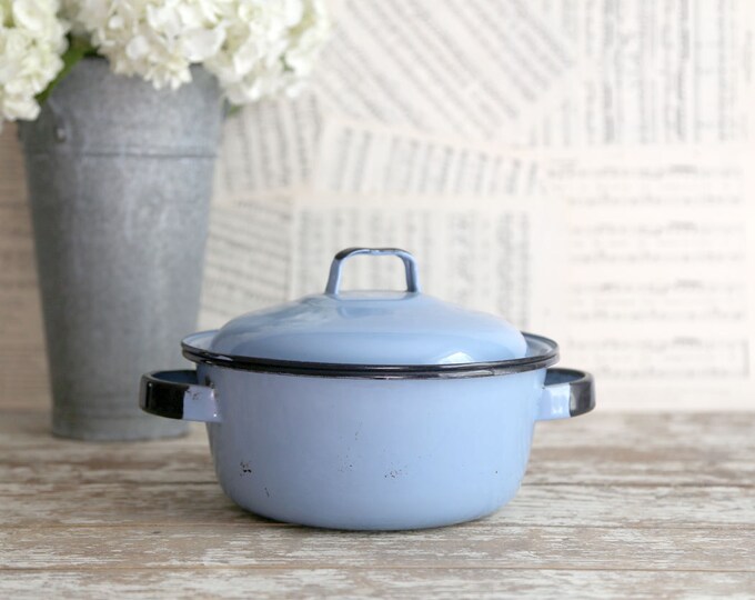 Vintage Blue Enamel Pot With Lid Small Blue Enamel Pot Etsy