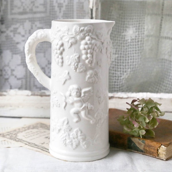 Vintage White Pitcher, Renaissance White Pitcher by Lefton, Vintage White Porcelain Cherub and Grape Leaves Pitcher