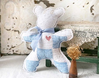 Vintage Quilted Bear, Quilted Teddy Bear, Blue and White Quilt Bear, Farmhouse Nursery Decor