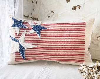 American Flag Pillow, Grain Sack Pillow, Folk Art Pillow, Farmhouse Flag Pillow, Decorative Throw Pillow, Rustic Flag Pillow