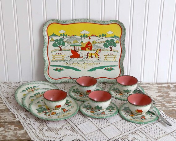 vintage tin tea set