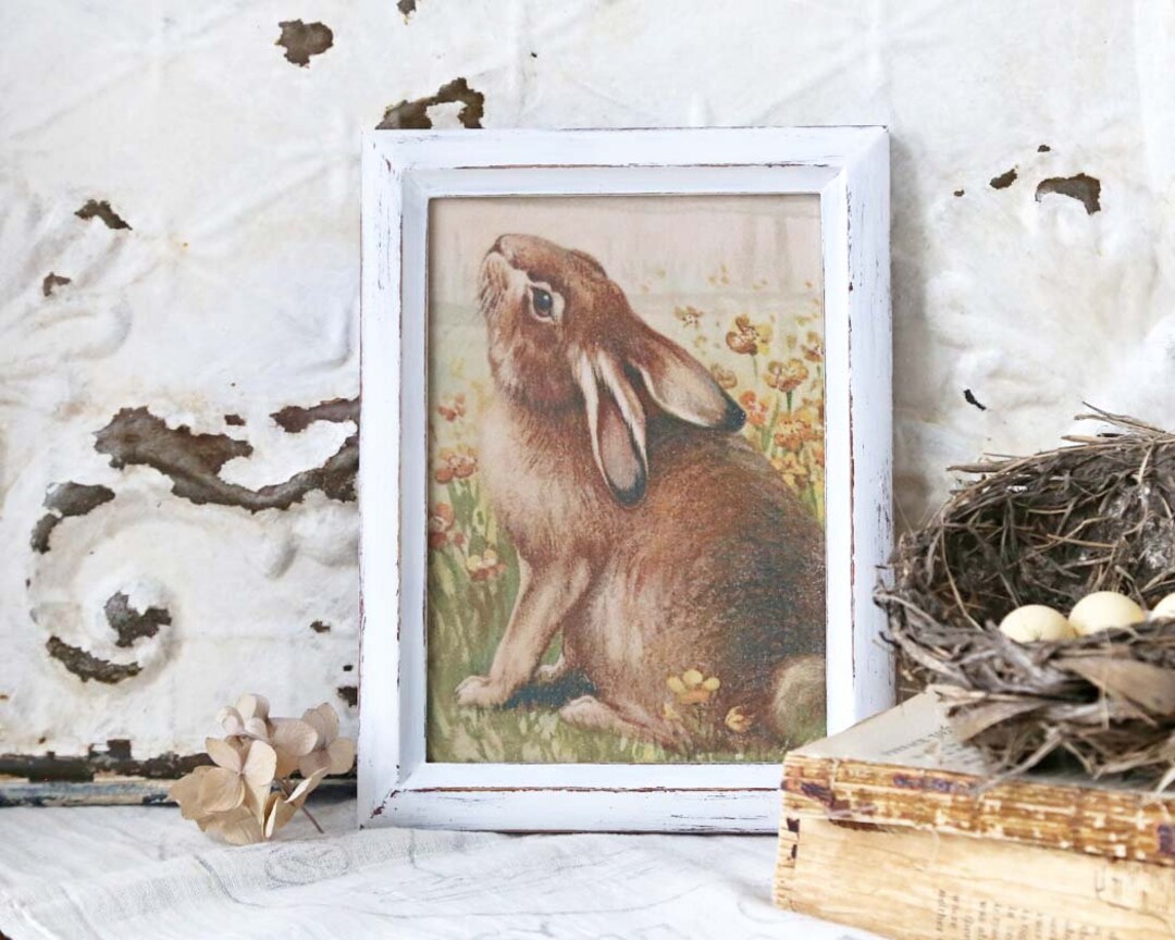 Vintage Style Easter Decor, Framed Bunny Print, Cottage Style Bunny Print Etsy