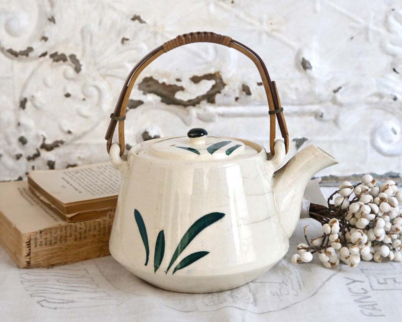 Vintage Floral Teapot With Wicker Handle Made in Japan Asian Etsy