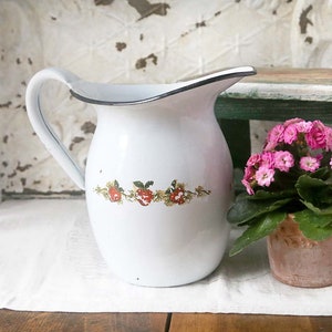 Vintage Enamel Pitcher, White Enamel Pitcher, Vintage Garden Decor, Vintage Farmhouse Decor, Country Decor, Rustic Home Decor