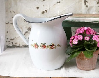 Vintage Enamel Pitcher, White Enamel Pitcher, Vintage Garden Decor, Vintage Farmhouse Decor, Country Decor, Rustic Home Decor