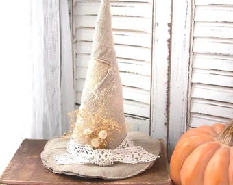 Vintage Grain Sack Witch Hat, Primitive Halloween Decor