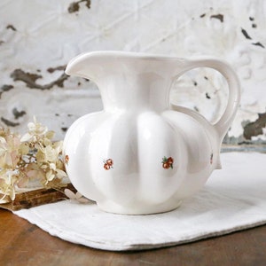 Vintage White Ceramic Pitcher: Fluted Cottagecore Decor, Rose Accents