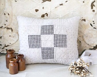 Vintage Black and White Quilt Pillow, Quilt Pillow, Black and White Checked Pillow, Small Quilt Throw Pillow, Farmhouse Pillow